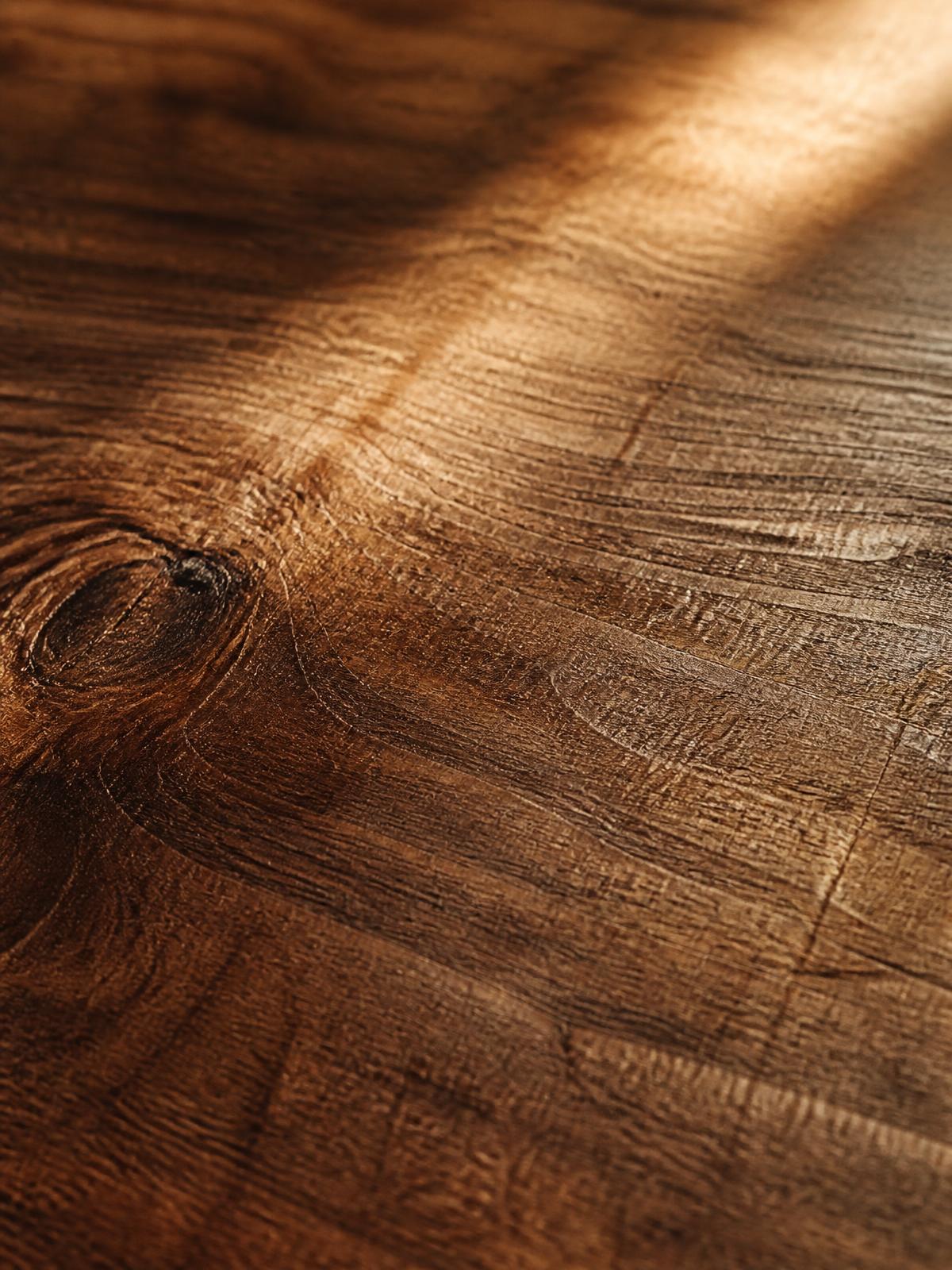 Close-up of hand-planed walnut wood grain in soft sunlight