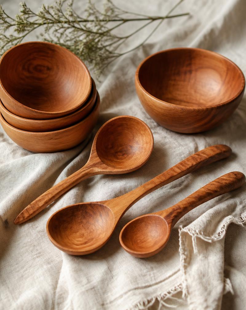 Hand-carved wooden spoons and bowls on a linen cloth